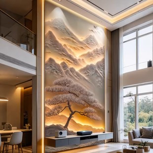 客厅复式 挑空别墅背景墙定制壁画山水画公司前台18D立体墙布墙纸