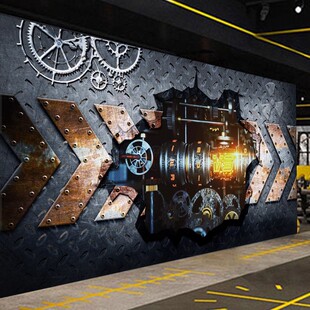 复古工业风壁纸3D立体墙纸个性 机械朋克背景定制壁画酒吧VR科幻画