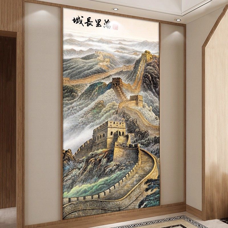 挑空别墅大厅墙纸山水画壁布客厅玄关3d立体万里长城画背景墙壁画,家装主材,定制壁画,淘宝优惠券,粉丝福利购,淘宝优惠卷