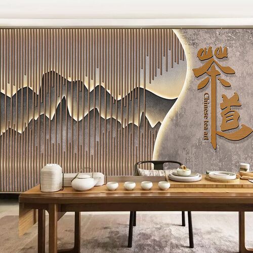 新中式茶道3D背景墙壁画定制