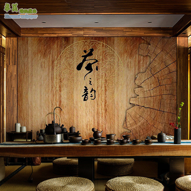 现代中式禅意古典茶道茶室背景墙布18d木纹禅意壁纸定制环保壁画