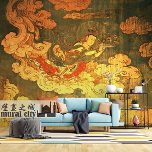 祥云佛堂壁纸敦煌飞天壁画飞天仕女伎乐汉服拍摄背景民宿装饰墙纸