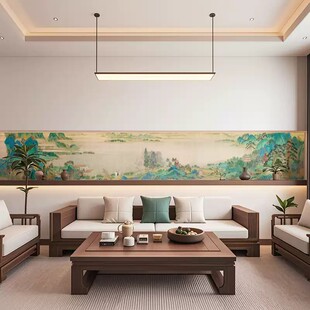 宋代美学沙卧室装 背景墙纸长条画客厅山水画墙布壁画 饰画茶室中式