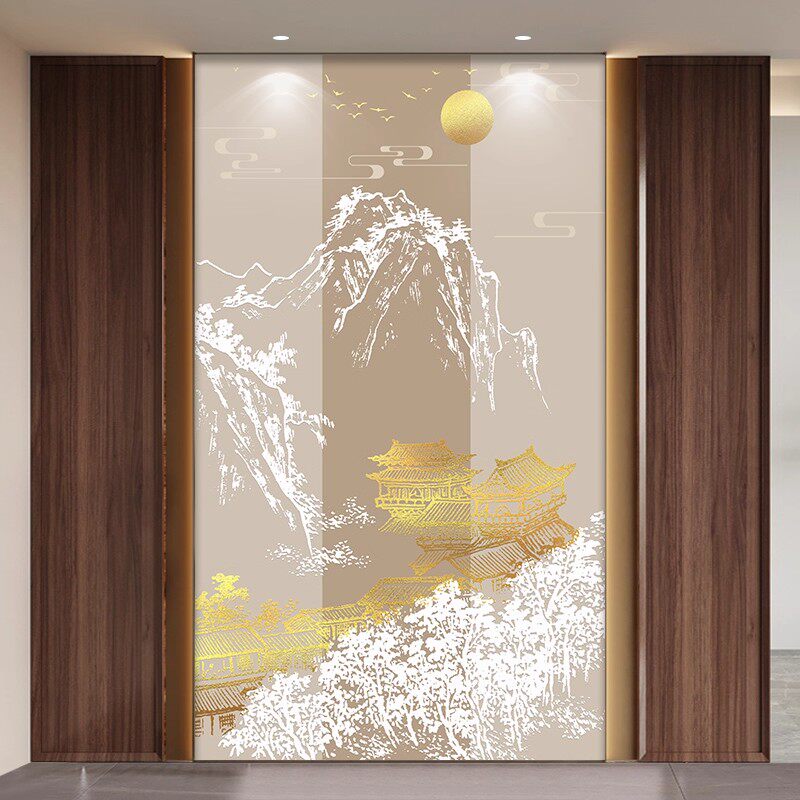 新中式山水楼阁壁布客厅玄关沙发客厅背景墙壁纸酒店包厢茶室墙纸,家装主材,定制壁画,淘宝优惠券,粉丝福利购,淘宝优惠卷