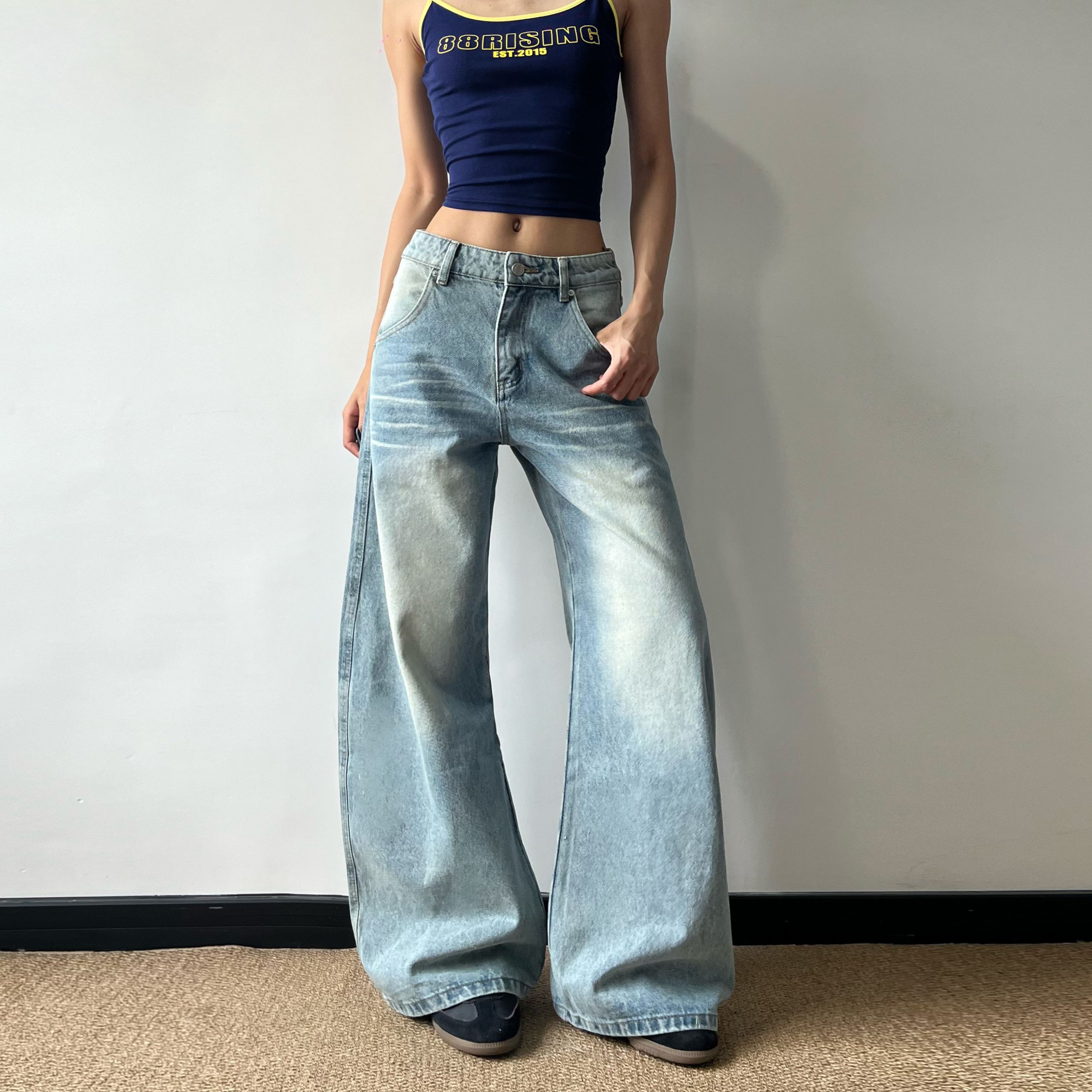 复古猫须水洗牛仔裤男女