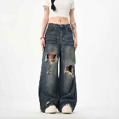 子 男女设计高级感小众高街百搭阔腿裤 无无厘头美式 复古破洞牛仔裤