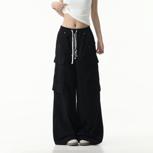 情侣暗黑多口袋拖地微喇裤 无无厘头美式 裤 阔腿工装 子 高街风格