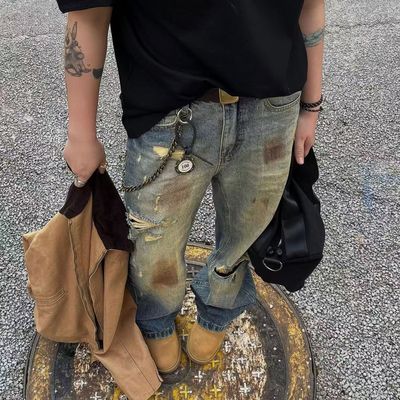 水洗复古黄泥脏旧感破洞