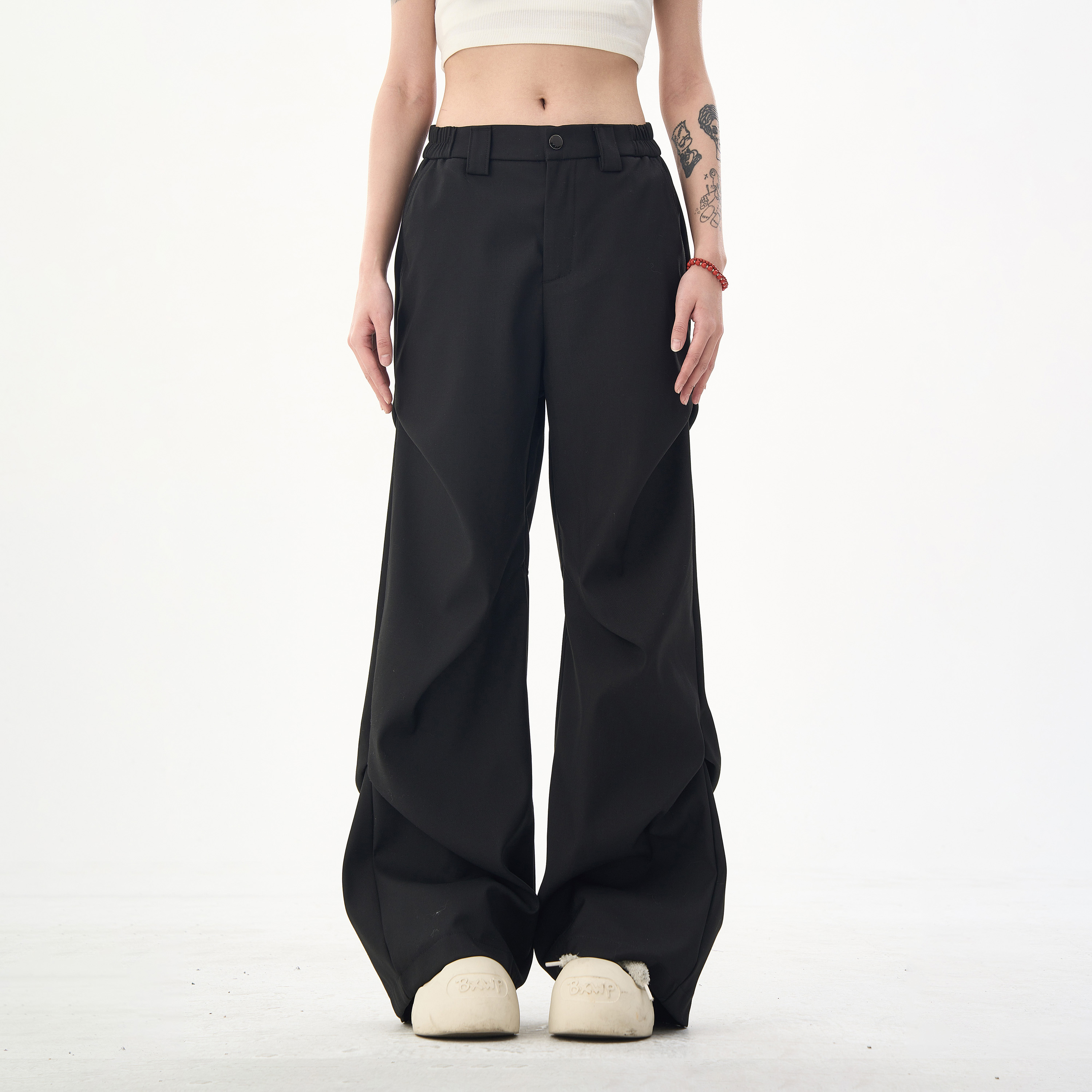 美式褶皱拖地微喇西裤