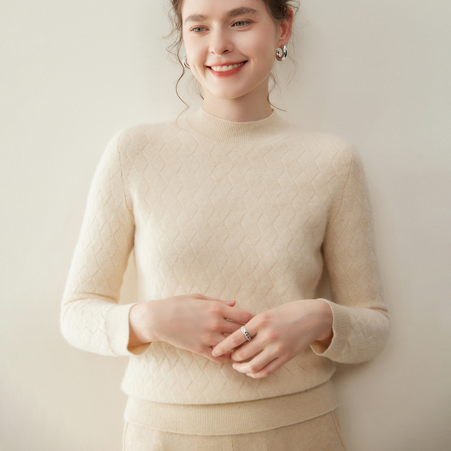 祥呈霞A类纱简约风100%羊绒衫女半高领席编加厚长袖针织打底套衫,女装/女士精品,羊绒衫,淘宝优惠券,粉丝福利购,淘宝优惠卷