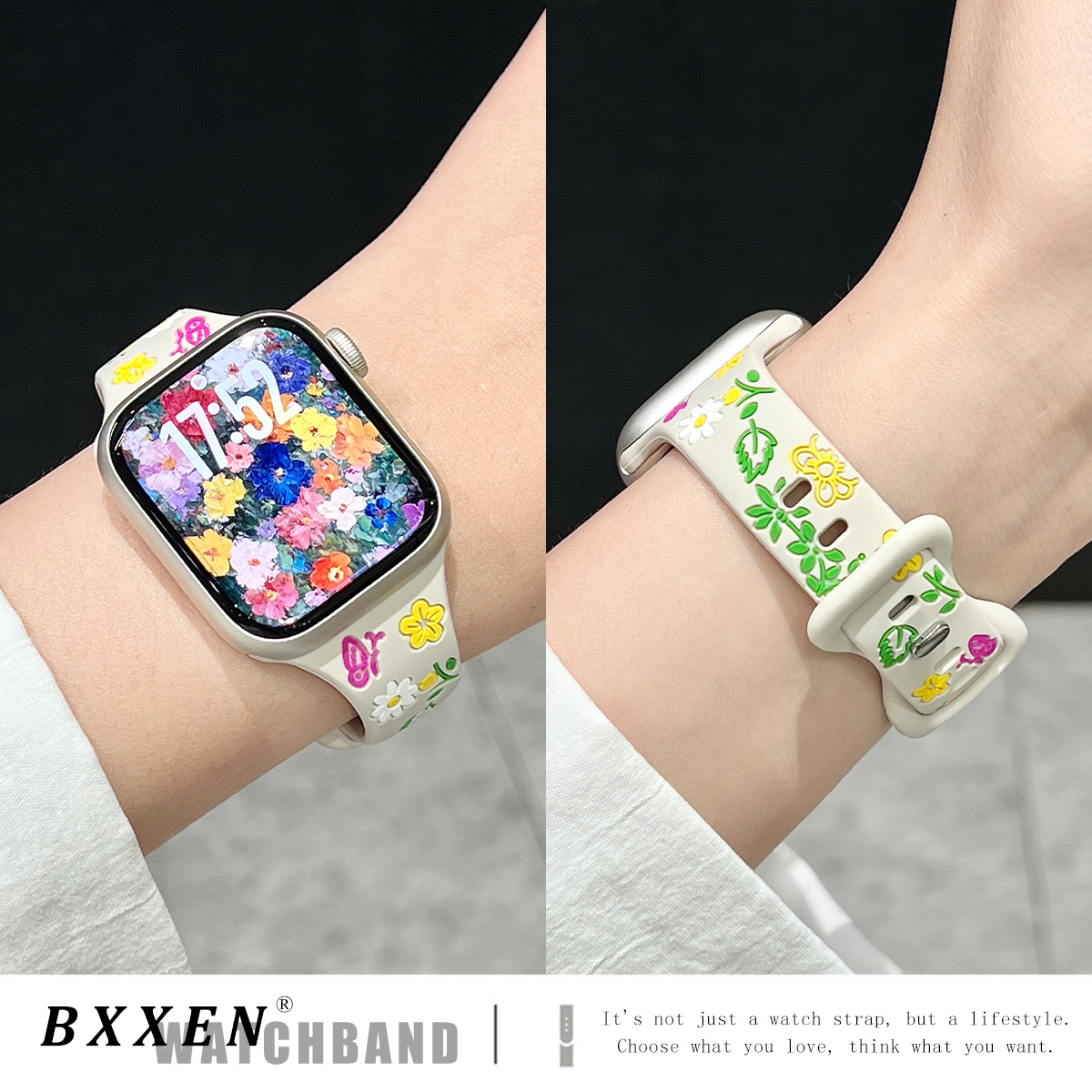 适用苹果手表s11表带新款硅胶iwatch11手表带s10花朵印花applewatch运动S87654代夏天ultra男女款SE3可爱个性