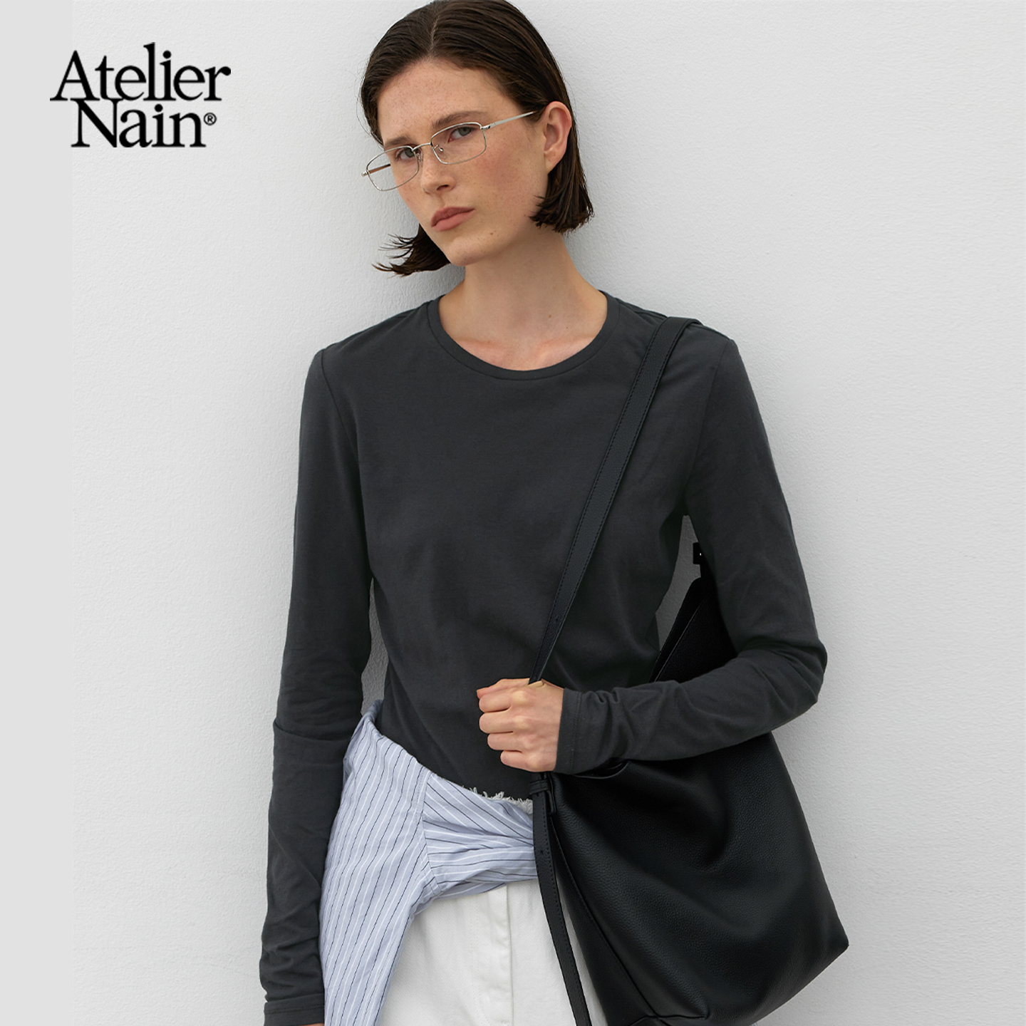 Atelier Nain025年秋季新款打底衫圆领时尚休闲简约长袖上衣女