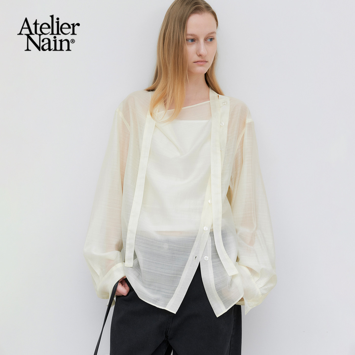 Atelier Nain2026年夏季新款长袖轻薄衬衫女小众系带设计感上衣