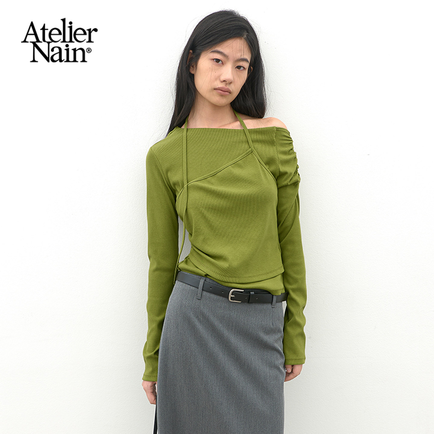 Atelier Nain2026年秋季新款轻熟优雅风假两件挂脖长袖T恤女上衣