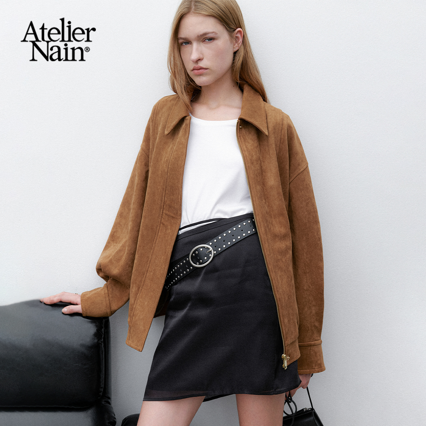 Atelier Nain2025年秋冬新款麂皮外套琥珀流光复古风宽松上衣女