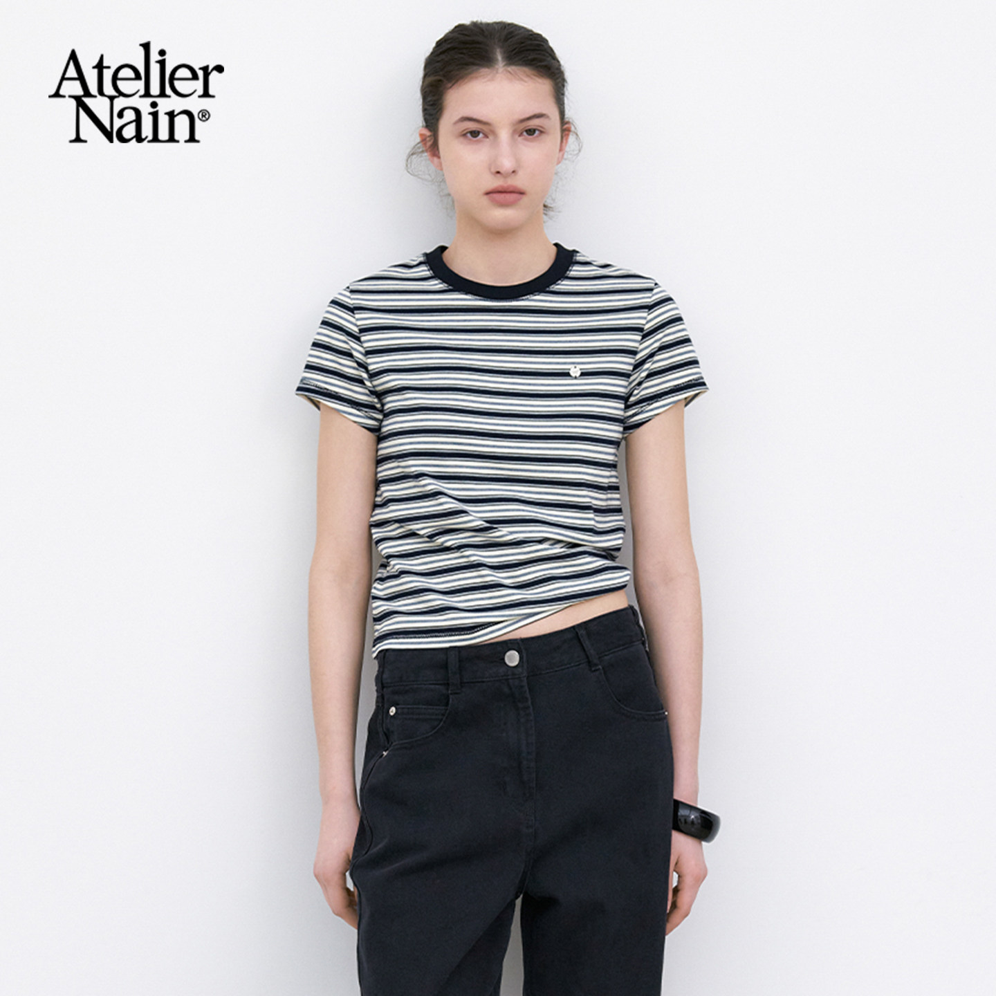 Atelier Nain2026年夏季新款条纹短袖T恤女设计感显瘦百搭上衣