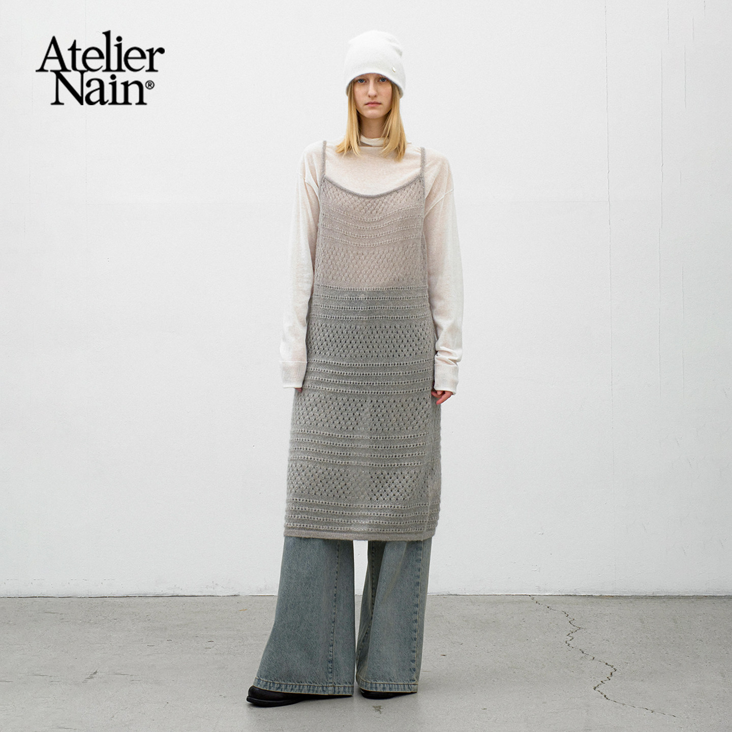 Atelier Nain2025年冬季新款针织连衣裙慵懒风镂空吊带叠穿裙子女