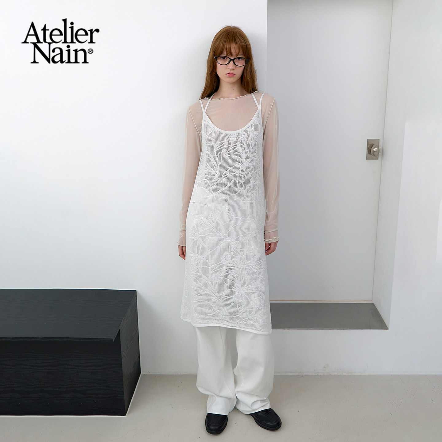 Atelier Nain2026年春季新款白色蕾丝吊带连衣裙女叠穿修身长裙