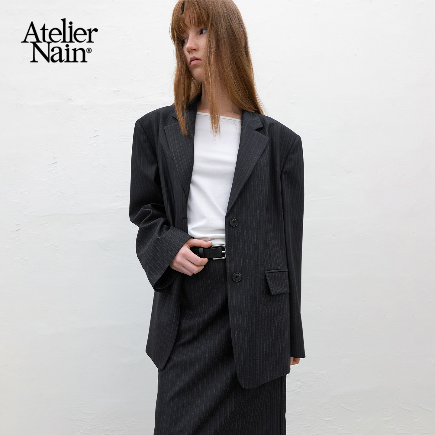 Atelier Nain2026年春季新款韩版条纹西装外套女宽松通勤廓形正装