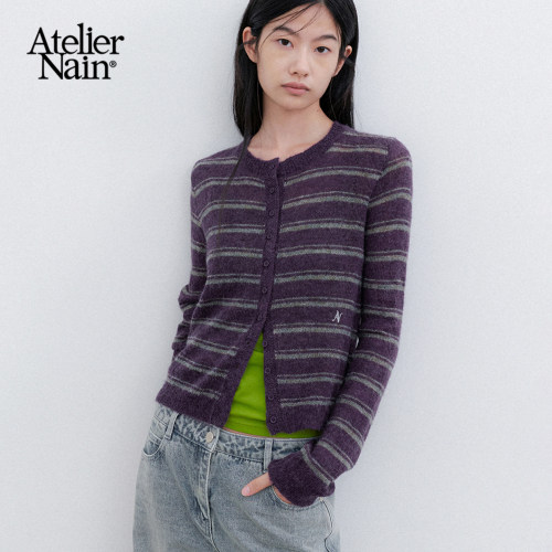 Atelier Nain2026年秋季新款复古条纹针织开衫女长袖圆领轻熟上衣