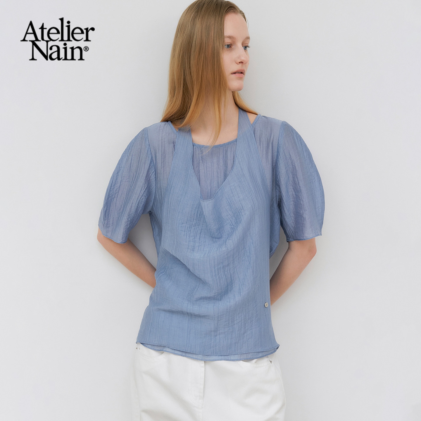 Atelier Nain2026年夏季新款短袖衬衫两件套女极简风气质叠搭上衣