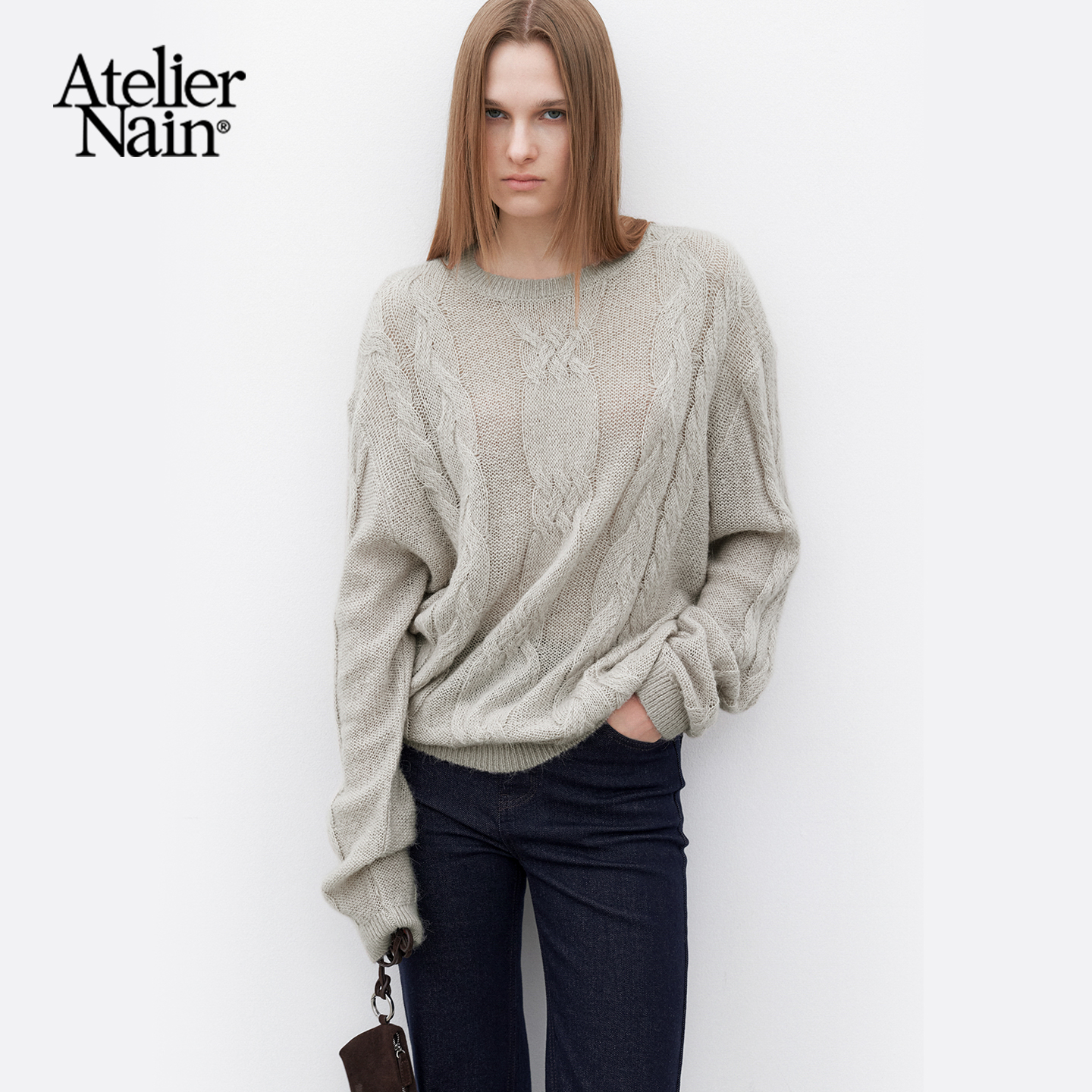 Atelier Nain2025年冬季新款绞花圆领针织衫宽松慵懒毛衣百搭上衣