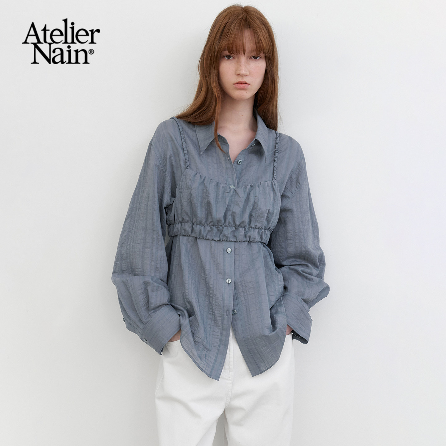 Atelier Nain2026年春季新款褶皱设计感长袖衬衫女气质两件套上衣