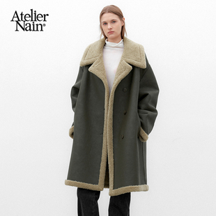 Atelier Nain2025年冬季新款皮革仿羊羔毛双面服中长款保暖外套女