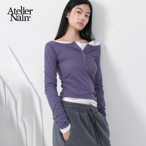 Atelier Nain2026年秋季新款亨利领长袖T恤女修身显瘦百搭上衣