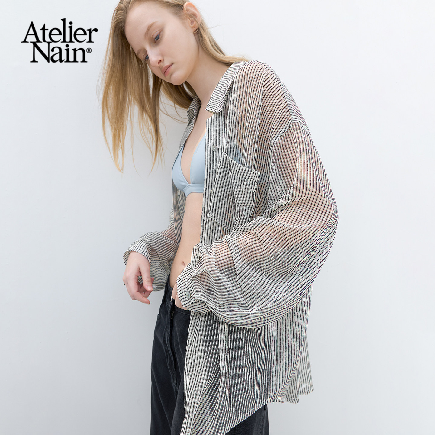 Atelier Nain2026年夏季新款条纹雪纺衬衫女韩版长袖宽松薄款上衣