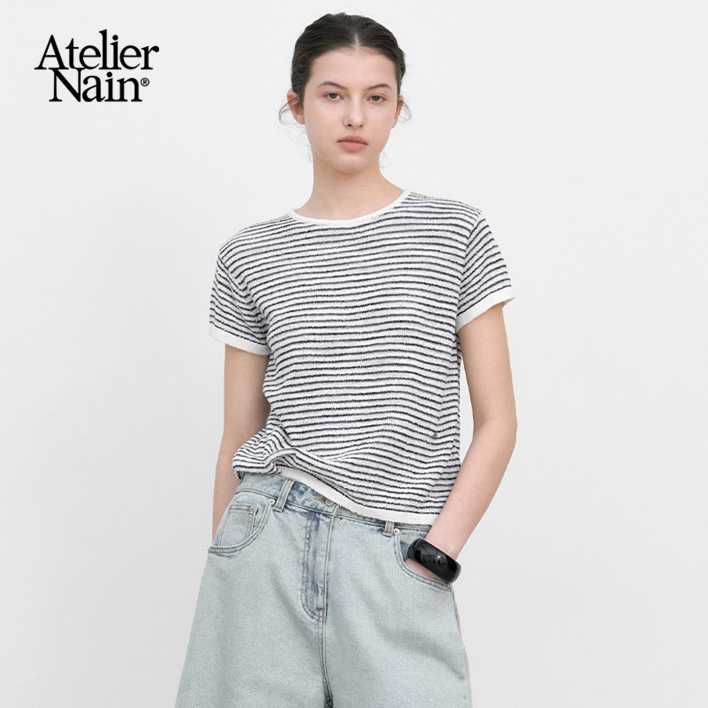 Atelier Nain2026年夏季新款圆领条纹短袖T恤女韩版休闲宽松上衣