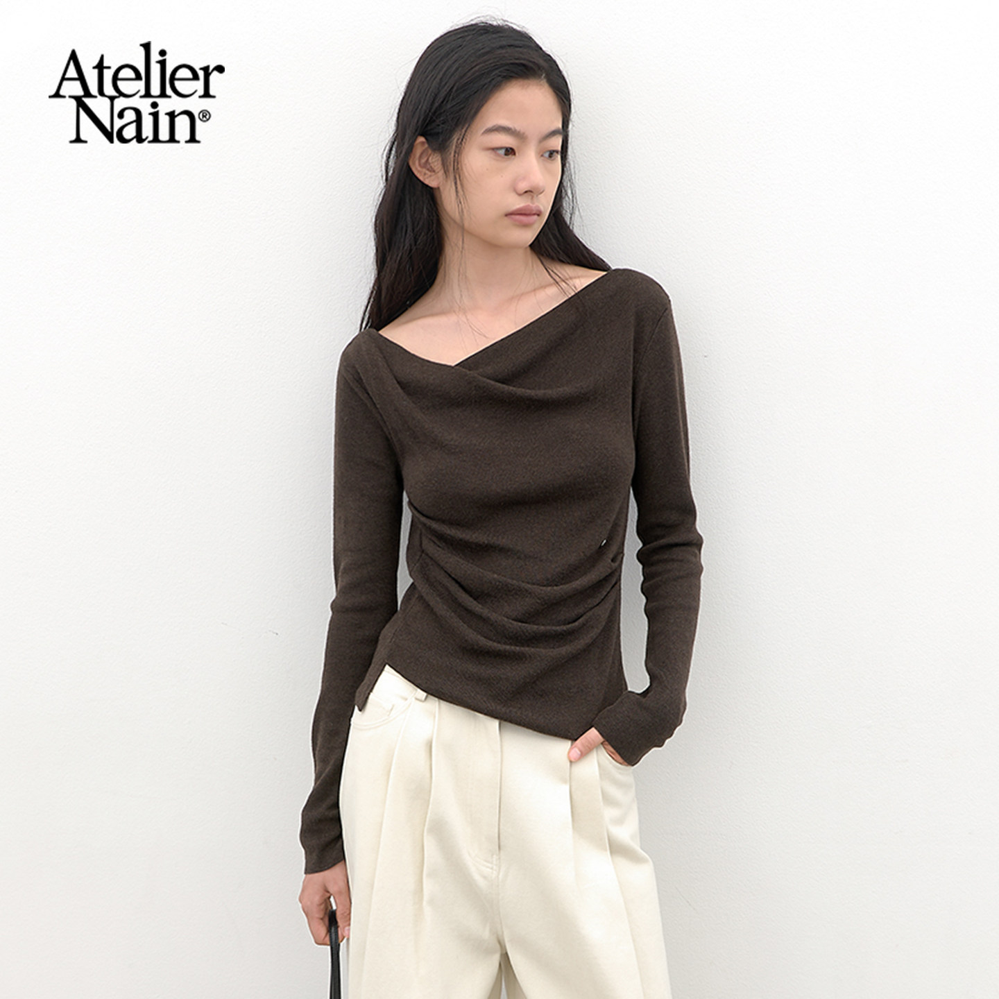 Atelier Nain2026年秋季新款针织衫女设计感褶皱不对称长袖上衣