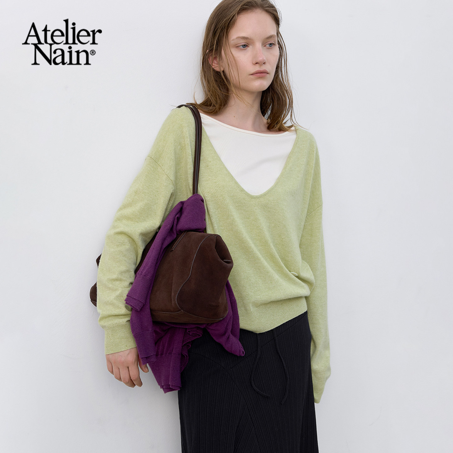 Atelier Nain26年秋冬新品慵懒风V领针织衫女韩版百搭毛衣上衣
