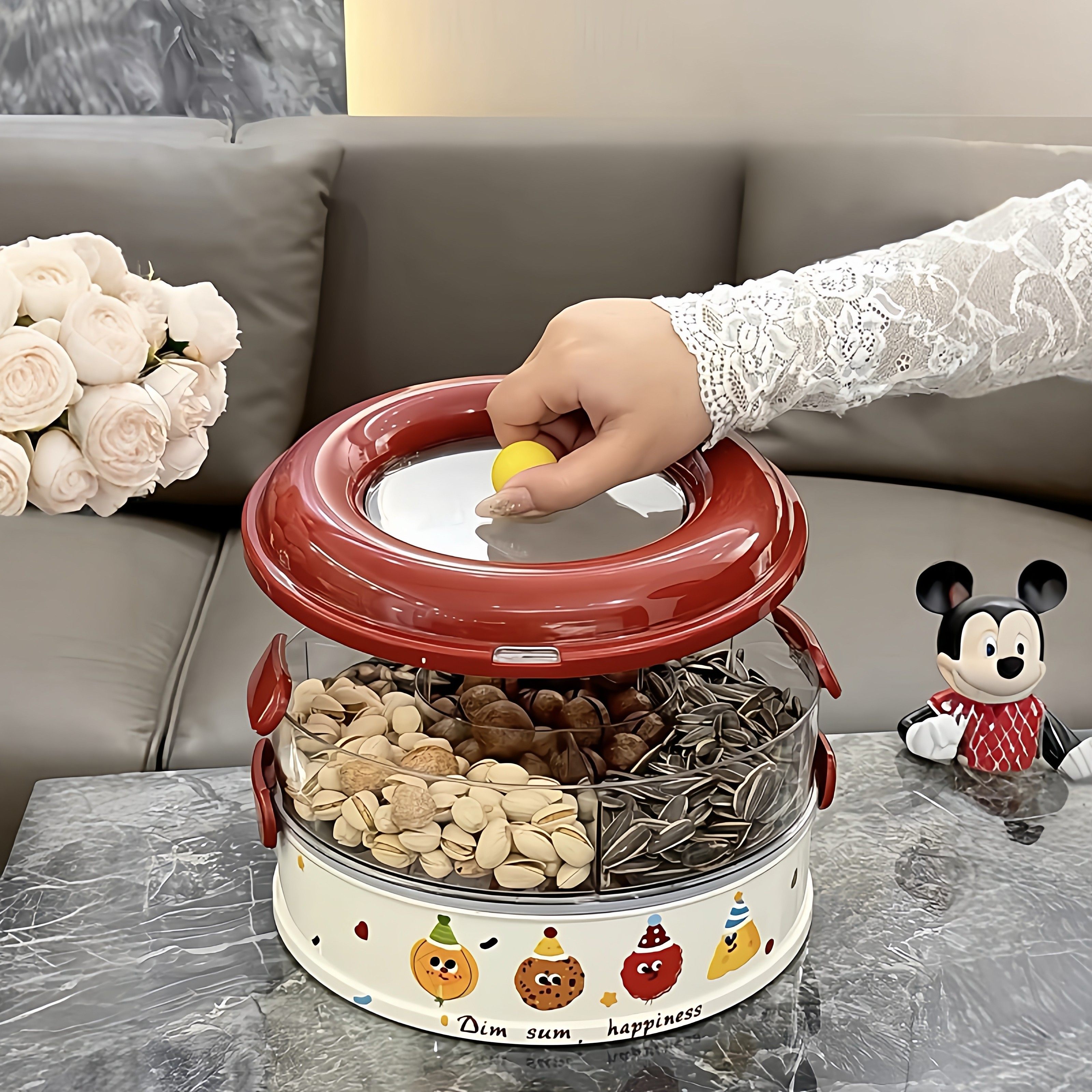 高颜值干果盘瓜子坚果盘分格水果盘可旋转茶几零食盘糖果盒收纳盒