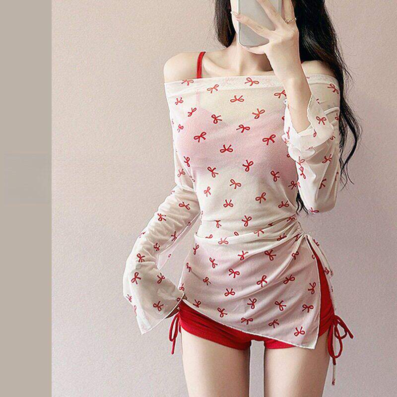 新款三件套比基尼款泳装女少女感纯欲风泳衣女蝴蝶结长袖防晒