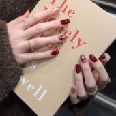 纯手工穿戴甲秋冬短款 复古格纹 圣诞氛围感猫眼美甲日常显白甲