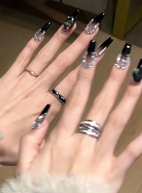 2025秋冬新款名媛晚宴显白 ins高级感黑色渐变纯手工穿戴甲爆闪