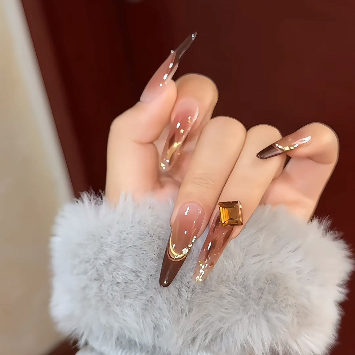 【港风美人】秋冬美拉德纯手工穿戴甲玳瑁猫眼长款显白气质穿戴甲,彩妆/香水/美妆工具,穿戴甲/甲片,淘宝优惠券,粉丝福利购,淘宝优惠卷