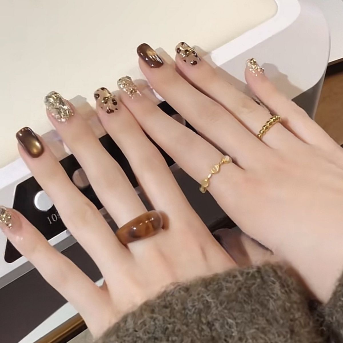 【金秋糖豹纹】纯手工穿戴甲秋冬棕色豹纹猫眼气质日常短款显白美