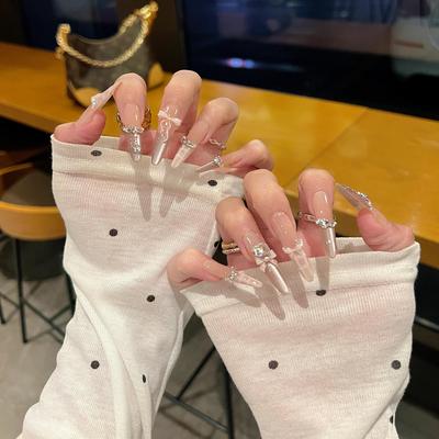 2025新款纯手工穿戴甲长款粉色猫眼闪钻ins蝴蝶结美甲可拆卸贴片