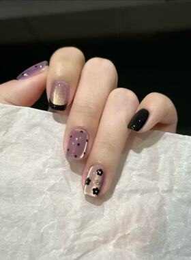 【紫雾花星】纯手工穿戴甲紫色猫眼小花短款气质显白美甲温柔可拆