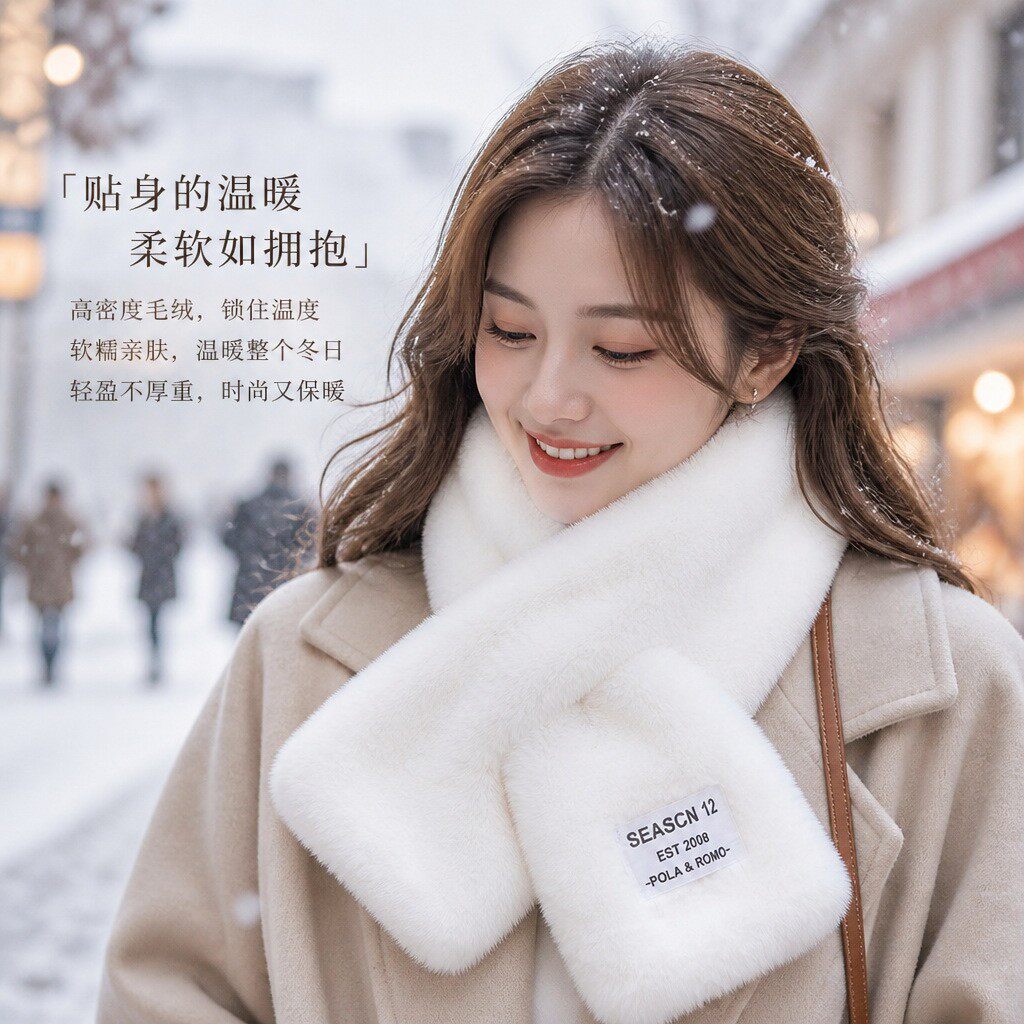 柔软毛毛围巾韩版贴标韩系秋冬ins毛绒少女围脖仿獭兔毛加厚交叉