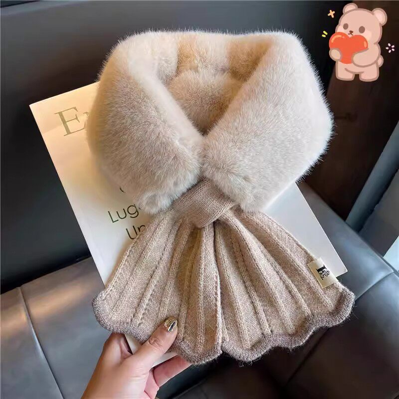 毛毛围脖女秋冬季百搭时尚加厚仿兔毛保暖针织毛绒脖套交叉毛领子