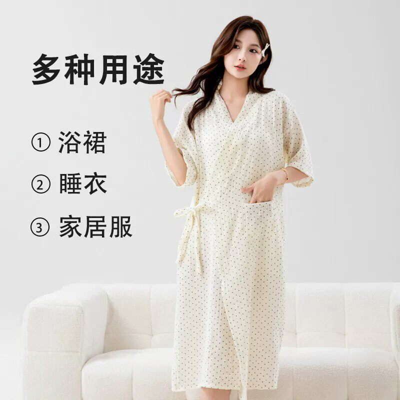 加长简约纱布系带浴裙女轻薄透气