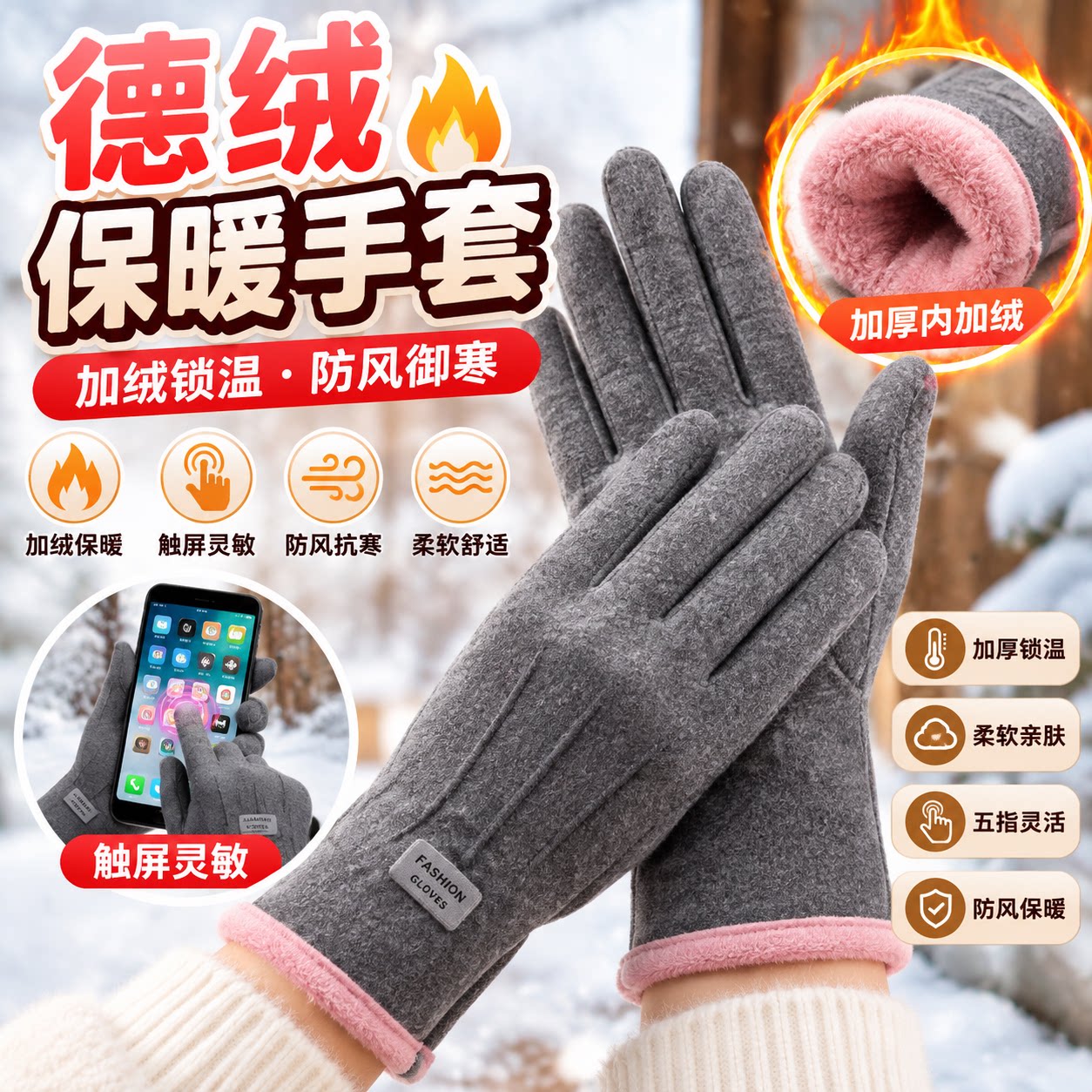 德绒加绒保暖触屏骑行手套