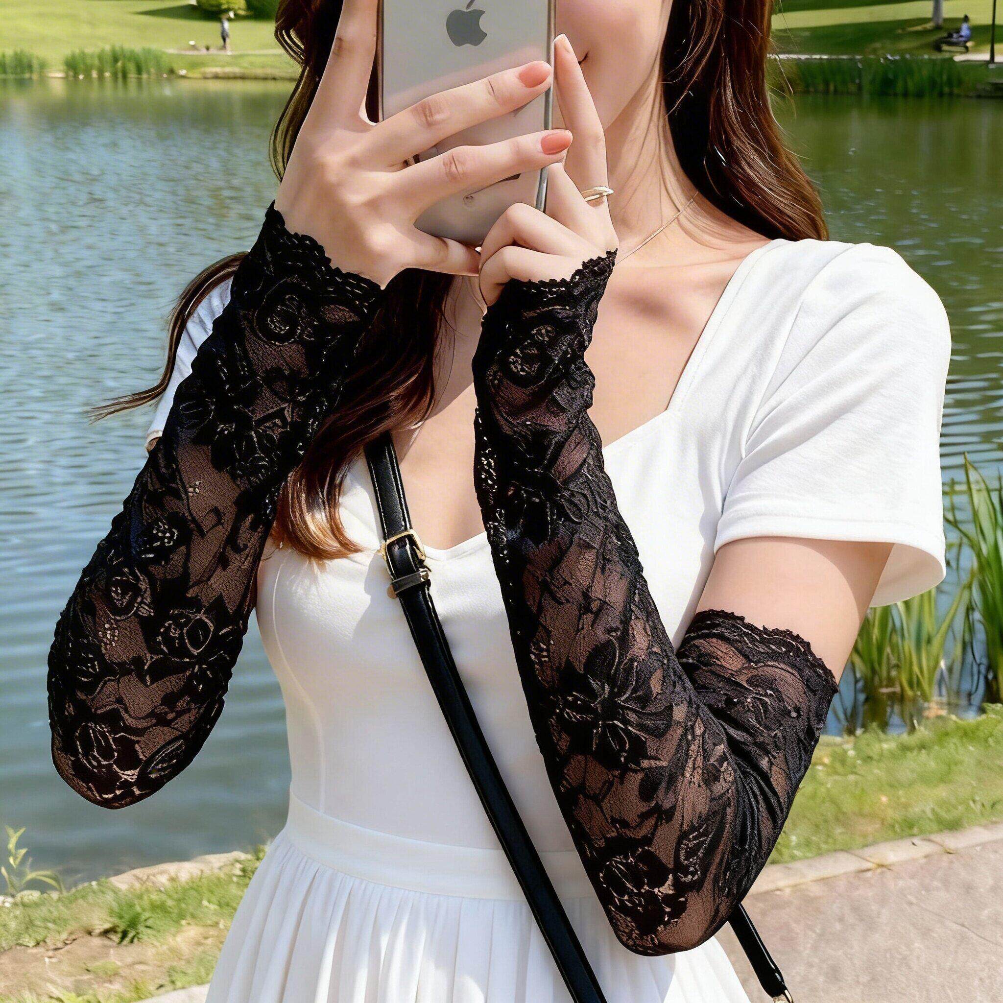 夏季冰丝蕾丝防晒护臂袖套女款