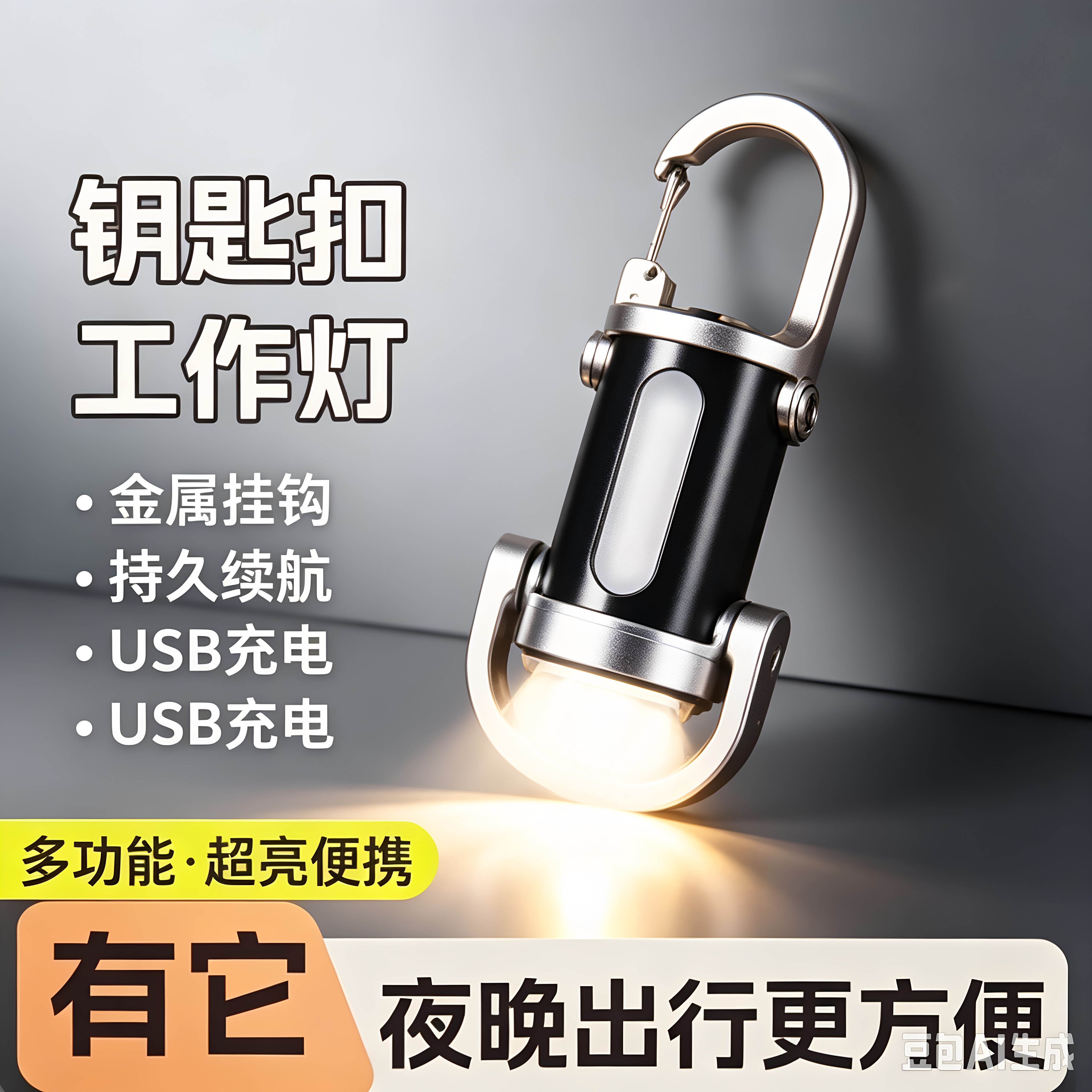 爆款多功能钥匙扣灯USB充电式手电筒随身灯户外紧急照明灯