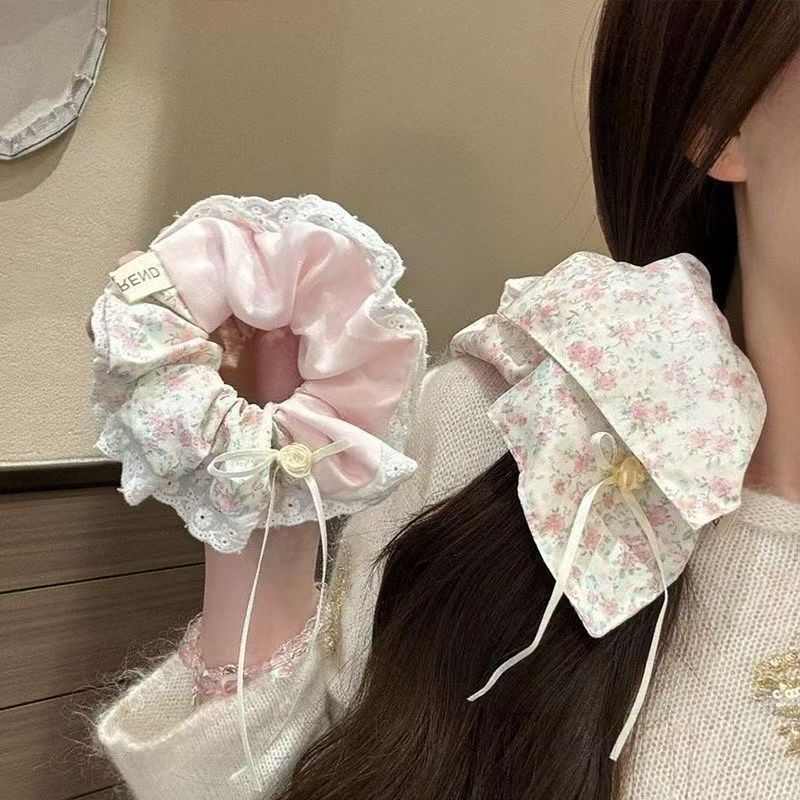 清新碎花大肠发圈粉黛玫瑰蝴蝶结高弹力皮筋发绳甜美百搭方巾发饰