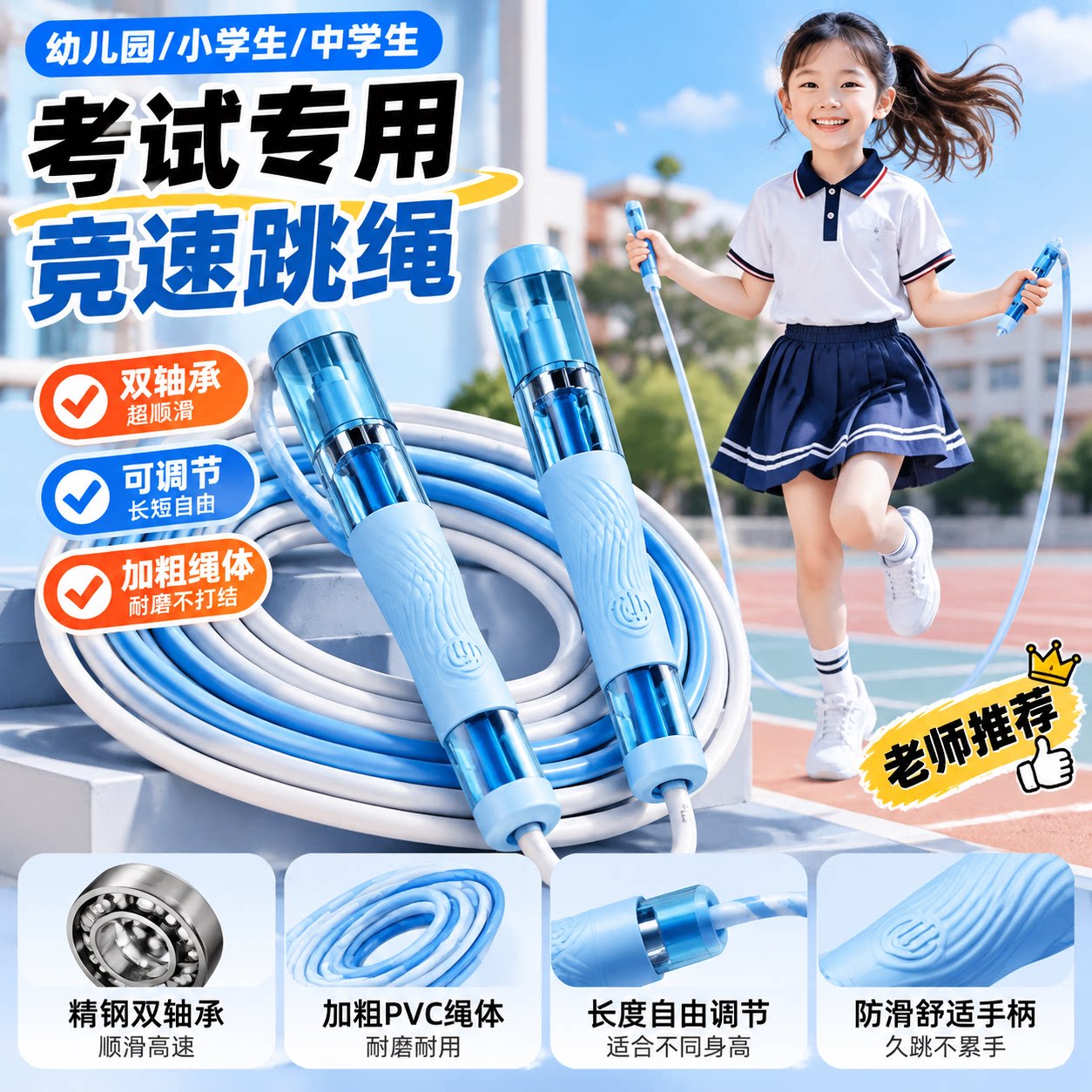 新款儿童跳绳竞速3.0双轴承初学体侧小学生提速中考专业专用考试