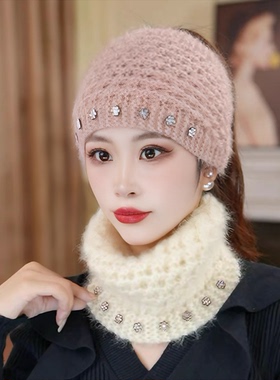 冬款毛线发带保暖遮碎发发箍头饰气质淑女成人百搭空顶帽菠萝帽女
